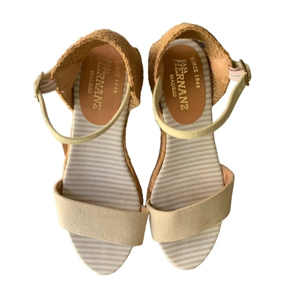 Casa Hernanz Canvas Jute Low Wedge Ankle Strap Espadrilles Bone Sz 8/38